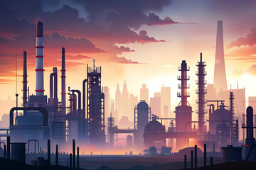 Photo Realistic as Industrial skyline at dusk concept as A dynamic industrial skyline at dusk symbolizing progress and hard work ideal for business presentations needing a clean and professional backg