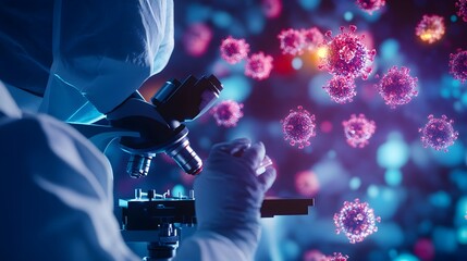 Poster - A 3D rendered image of a scientist studying bacteria with a microscope in a biotechnology laboratory