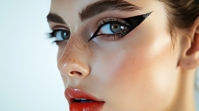 Close-up of a model wearing bold graphic eyeliner, creating a dramatic and stylish beauty portrait.