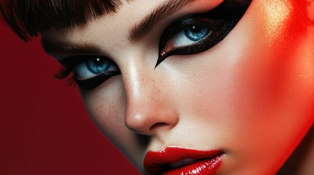 Close-up of a model wearing bold graphic eyeliner, creating a dramatic and stylish beauty portrait.