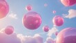 © F - Floating pink spheres in a dreamy abstract sky, bathed in soft afternoon sunlight casting delicate shadows on the ground. Perfect for projects emphasizing creativity, fantasy, and abstract art