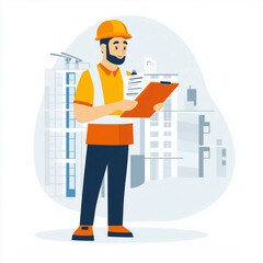 Wall Mural - flat illustration of a professional safety checking a construction site, with clipboard, white background