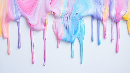 Vibrant pastel paint drips forming colorful streaks on a white backdrop, emphasizing the fluidity of the paint.