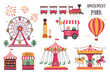 © Екатерина Зирина - Amusement park set, ticket office, cotton candy cart, Ferris wheel, carousel, balloon, force meter, balloon darts, train. Vector graphics.