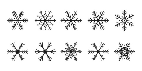 Set of cute snowflake icons on isolated white background New Year ornament Symbols for mobile apps and website design. Flat snowflake icons, silhouette. 