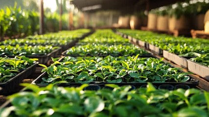 Poster - The Rows of vibrant green tea seedlings thrive in a sunny greenhouse.