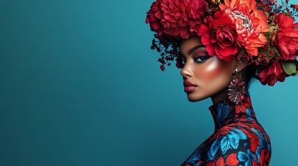 Beautiful woman with red flowers in her hair, blue background.