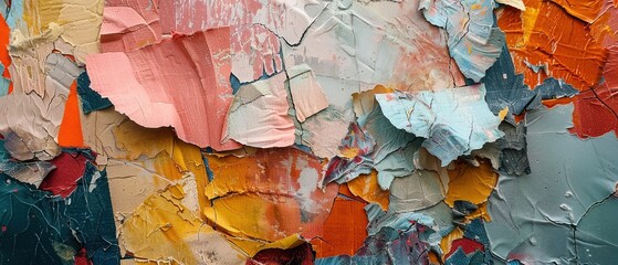 A close-up of a textured, abstract collage made of torn paper