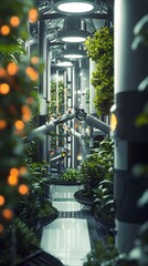 Poster - fully automated vertical farming system with robotic arms tending to plants in a futuristic clean an
