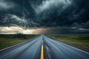 Straight highway road with black rain clouds natural landscape before the rainstorm. Thick dark clouds, hurricane, tornado, heavy rain. Straight asphalt road around nature.