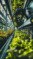 Poster - A photograph of a fully automated vertical farming system with robotic arms tending to plants in a clean futuristic and high tech greenhouse environment