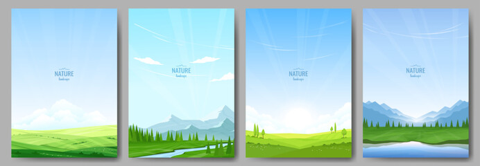 Wall Mural - collection of summer landscapes. green fields and hills, a river flowing through a valley, mountains
