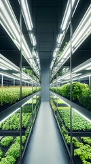 Poster - a modern indoor vertical farm featuring rows of plants growing on stacked shelves under energy effic
