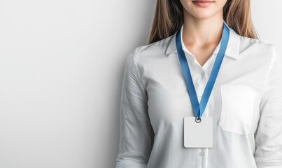 Poster - Mock up of busy businesswoman wearing a blank white horizontal badge, sitting on an isolated pedestal. Name tag on neck and chest. Photograph of a woman in a shirt uniform holding an empty