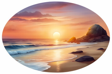 Photo Realistic as Sunset over a peaceful beach concept as A serene beach scene with the warm hues of sunset symbolizing relaxation and hard work perfect for business presentations needing a clean and