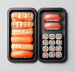Poster - A template of a disposable plastic food container mock up with a transparent lid, isolated, clipping path, and 3D illustration. A mock up of a bento box for delivering sushi.