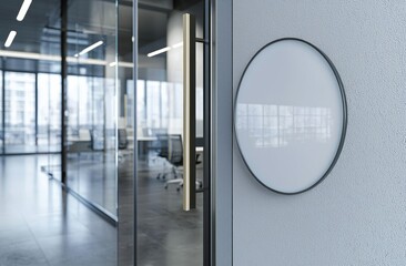 Poster - Round transparent glass signplate mockup, 3d rendering. Office entrance interior mockup. Signage panel, store door template. Printing board for branding.