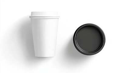 Aufkleber - A white disposable paper cup mockup lying on a flat surface showing a plastic lid isolated in 3D. Empty coffee drinking mug mockup. Plain white takeaway package.