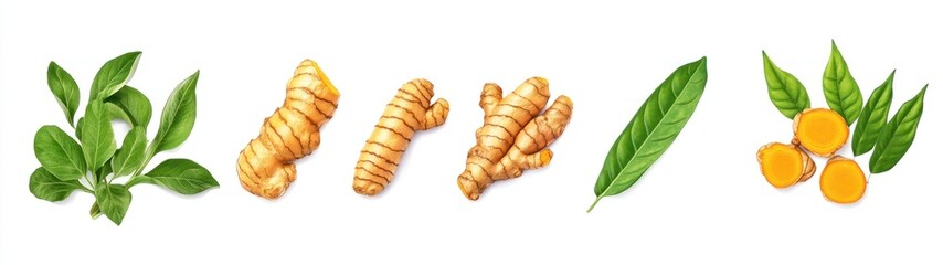 Turmeric Roots and Leaves Isolated on White Background