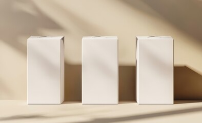 Poster - Blank white juice pack mockup set, 3D rendering. Empty drink box mockup, isolated. Clear milk carton package with cap template, side view.