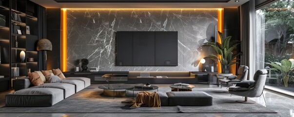 Wall Mural - Modern luxury living room interior with a marble wall and large TV screen.