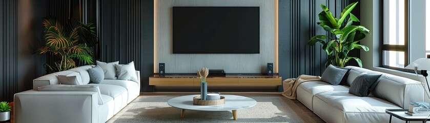 Wall Mural - Modern luxury living room interior with a marble wall and large TV screen.