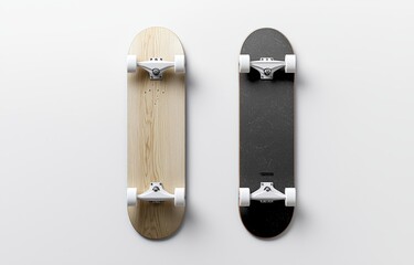 Mockup of a blank white wooden skateboard from front and back