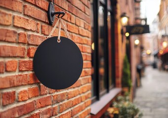 Poster - Brick wall mounted mockup of a blank black outdoor round box