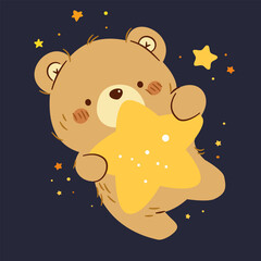 Wall Mural - Cute vector illustration in children's style. Cute bear cub flying in the sky and holding a star in his paws, night sky . Vector illustration
