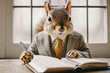 © sergign - A squirrel dressed in a business suit sits at a desk by a window, holding a pen and writing in a notebook.
