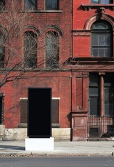Poster - Black vertical pylon stand mockup brick building, side view