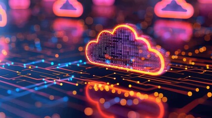 Poster - Vibrant illustration of a cloud symbol on a digital background, representing technology, data, and connectivity in modern computing.