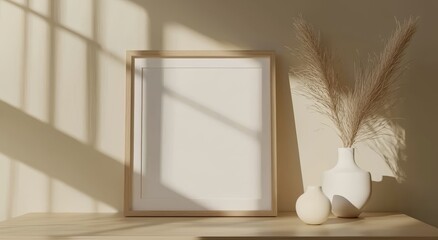 Poster - Mockup interior background with blank wood a4 frame