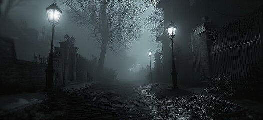 Canvas Print - a dark street with a light post and a fence on it at night time