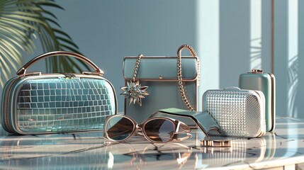 Modern product styling of high-end fashion accessories on a chic surface, depicted in ultra-sharp and clear 3D shading