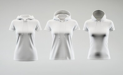 Wall Mural - Shirt, sweatshirt and hoodie mockup of a white female wearing a blank white t-shirt, tanktop, and sweatshirt.