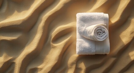 A blank white smooth unfolded big towel mock-up with a sandy background