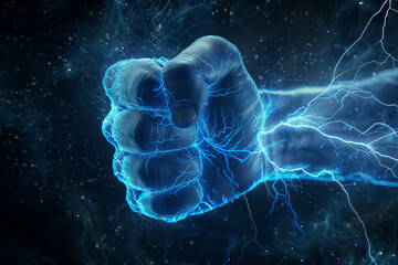 Wall Mural - Electric Fist Charged with Blue Lightning Surging Through a Dynamic Abstract Background.