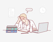 © autumnn - Headache, doctor and man at laptop in medical office with burnout challenge, clinic problem and stress. Hand drawn style vector design illustrations.