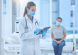 © Azee Jacobs/peopleimages.com - Medical, doctor and tablet with woman for digital test, hospital or clinic checkup. Consultation, results and patient with healthcare professional for pandemic protection for covid compliance or care