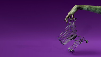 Zombie hand holding empty shopping cart. Halloween concept