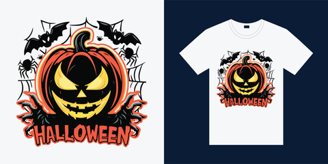 Halloween T-shirt design costume template. Happy Halloween scary trendy vector t-shirt design. Halloween vector clothing apparel t-shirt design for man, woman and children