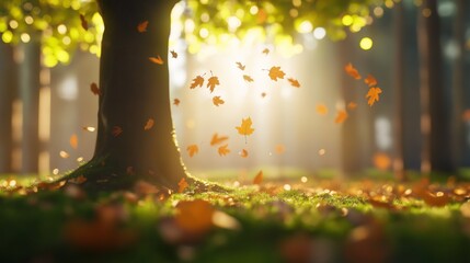 Wall Mural - Autumn leaves falling gently beneath a tree in a sunlit forest during a serene afternoon.
