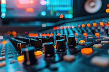Aufkleber - A close-up shot of a sound board in a professional recording studio