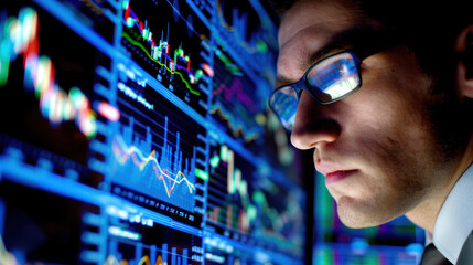 Aufkleber - Focused man analyzing financial data on screens, displaying concentration and determination. 