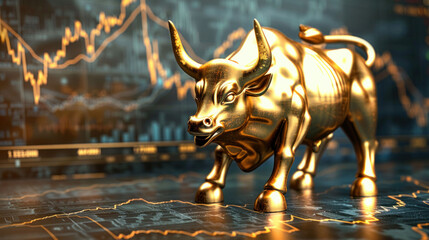 Aufkleber - Golden bull statue symbolizing market growth and optimism, set against backdrop of financial graphs and data. 