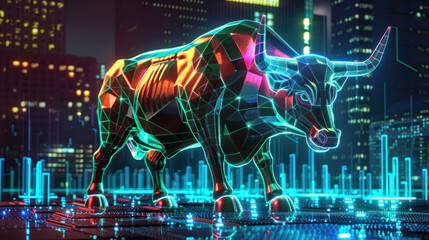 Aufkleber - A vibrant digital bull stands confidently amidst futuristic cityscape, symbolizing strength and optimism in financial market. 