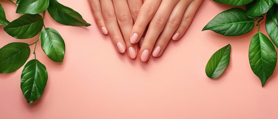 Wall Mural - Hands with delicate manicure surrounded by green leaves on a pink background.