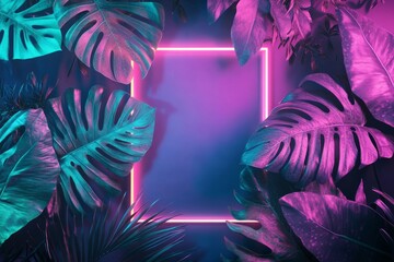 Wall Mural - 3D render of a colorful neon frame with tropical leaves