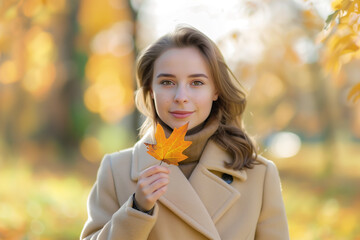 Pretty happy autumn woman on fall yellow nature background, outdoor lifestyle portrait